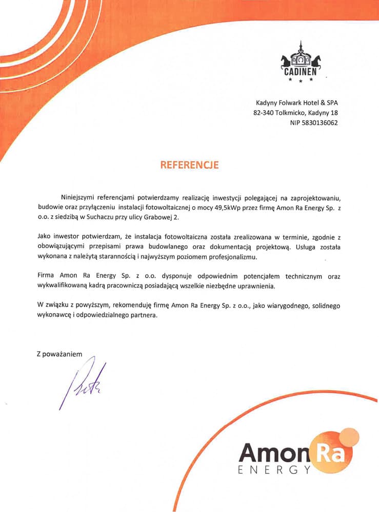 List referencyjny — Hotel Kadyny